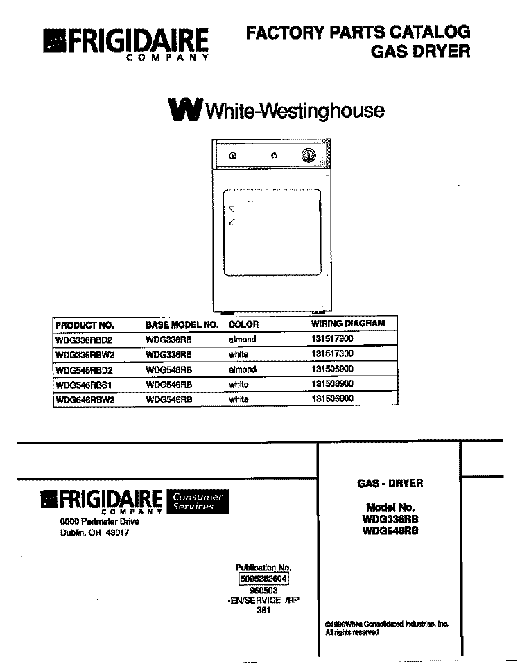 COVER Diagram and Parts List for WDG546RBW2  Frigidaire Dryer