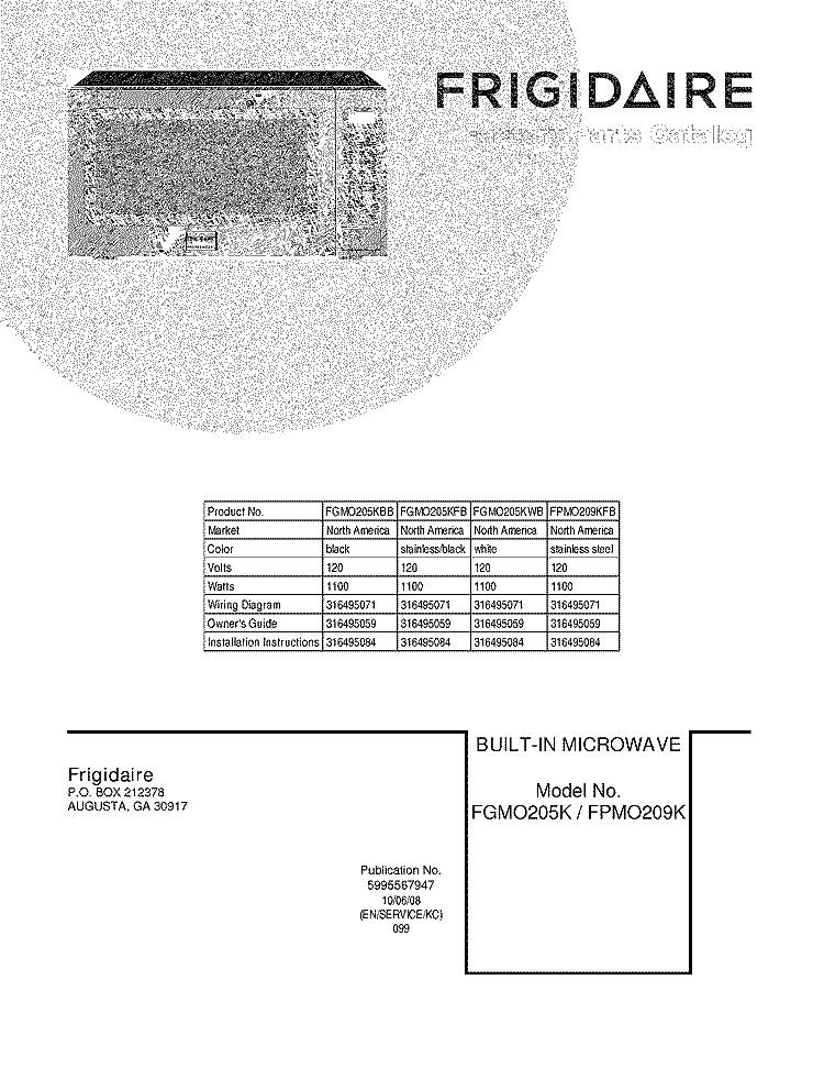 COVER Diagram and Parts List for FPMO209KFB  Frigidaire Microwave