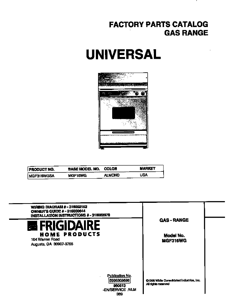 COVER Diagram and Parts List for MGF316WGSA  Frigidaire Range