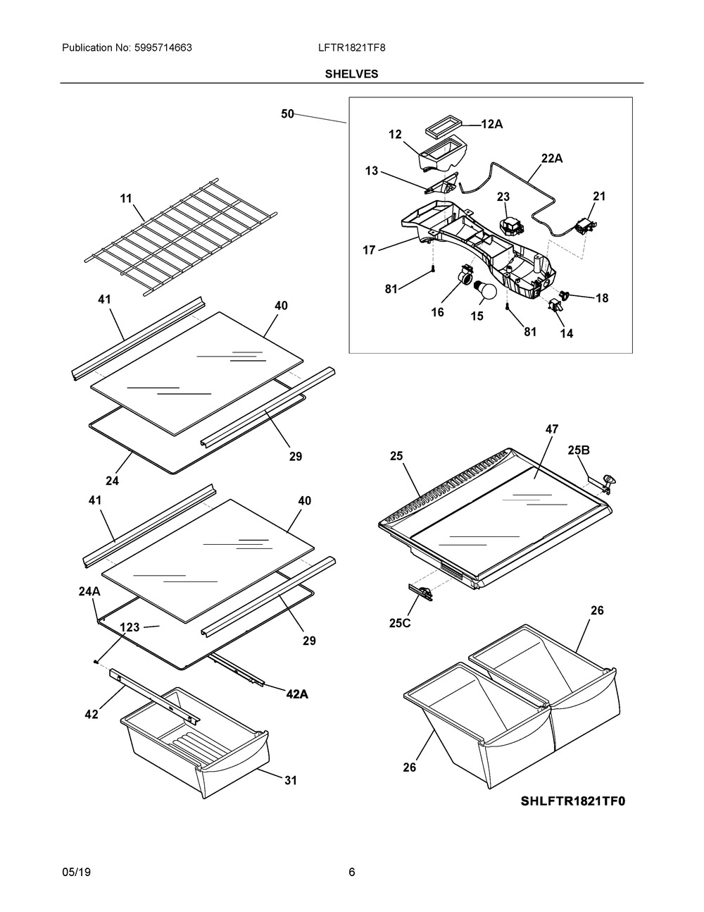 Shelves Diagram and Parts List for LFTR1821TF8  Frigidaire Refrigerator