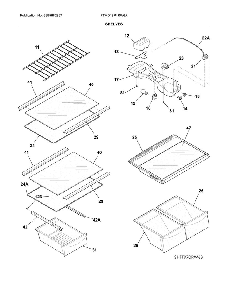 Shelves Diagram and Parts List for FTMD18P4RW6A  Frigidaire Refrigerator