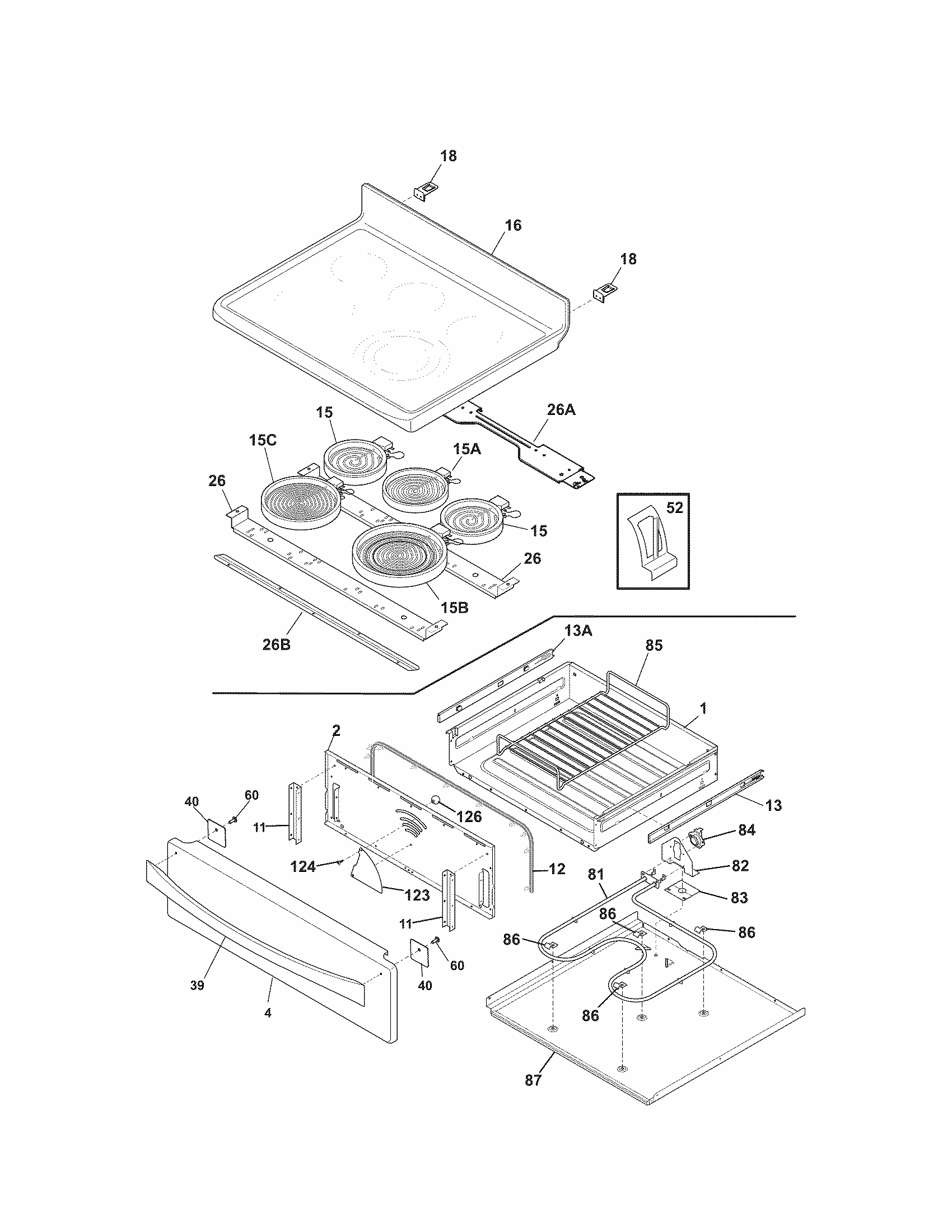 Top/drawer Diagram and Parts List for 79095053310  Kenmore Range