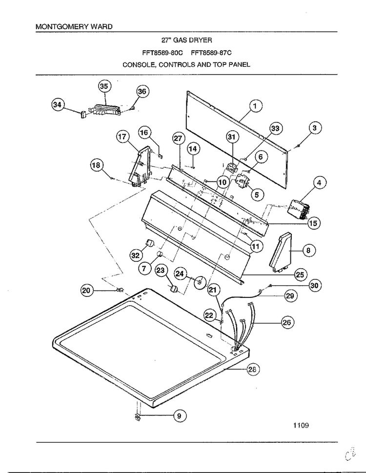 Console, Controls And Top Panel Diagram and Parts List for 8589-80C  Frigidaire Dryer