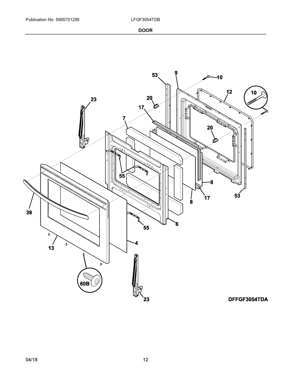 Door Diagram and Parts List for LFGF3054TDB  Frigidaire Range