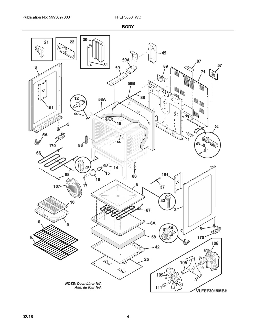 Body Diagram and Parts List for FFEF3056TWC  Frigidaire Range