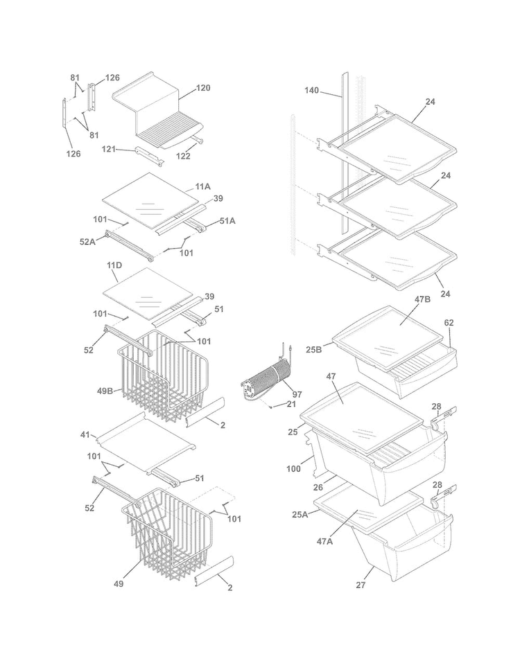 Shelves Diagram and Parts List for FPHC2399PF5  Frigidaire Refrigerator