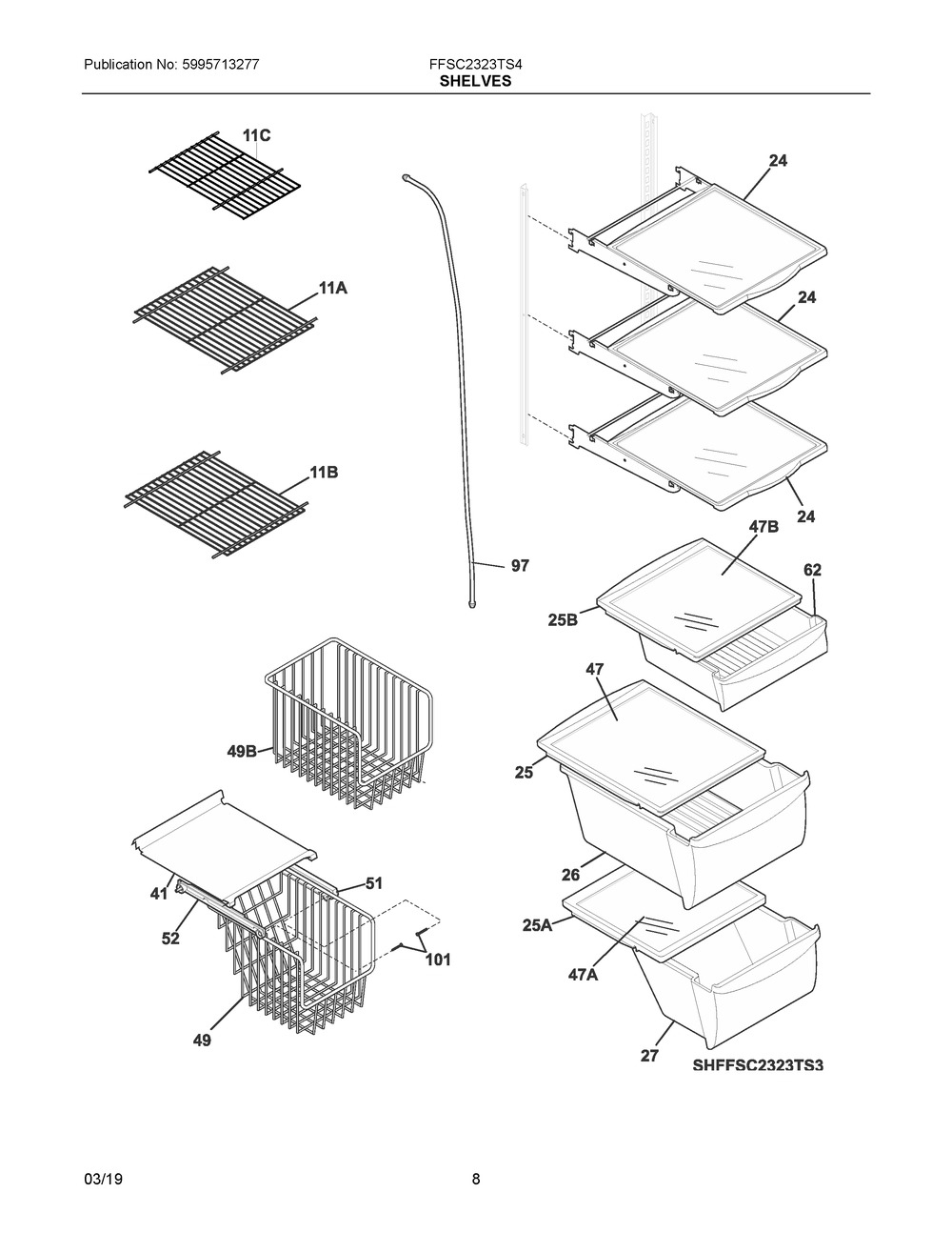 Shelves Diagram and Parts List for FFSC2323TS4  Frigidaire Refrigerator