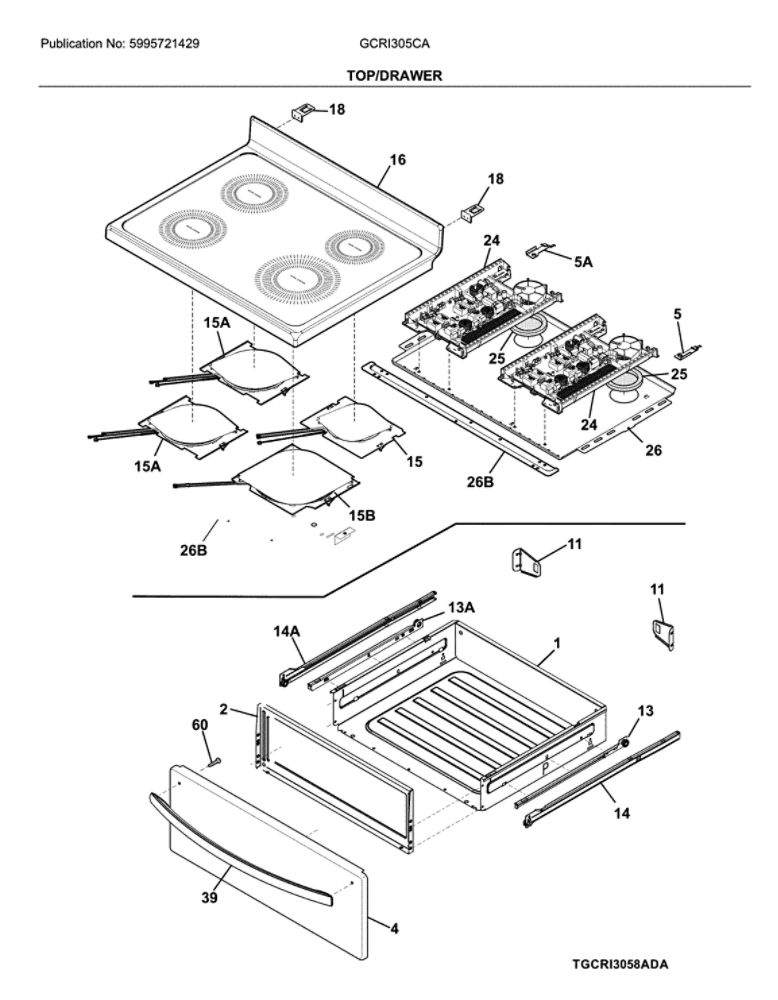 Top/Drawer Diagram and Parts List for GCRI305CAFA  Frigidaire Range