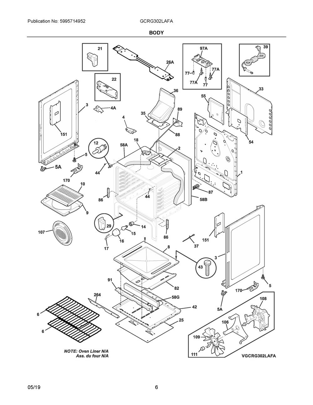Body Diagram and Parts List for GCRG302LAFA  Frigidaire Range