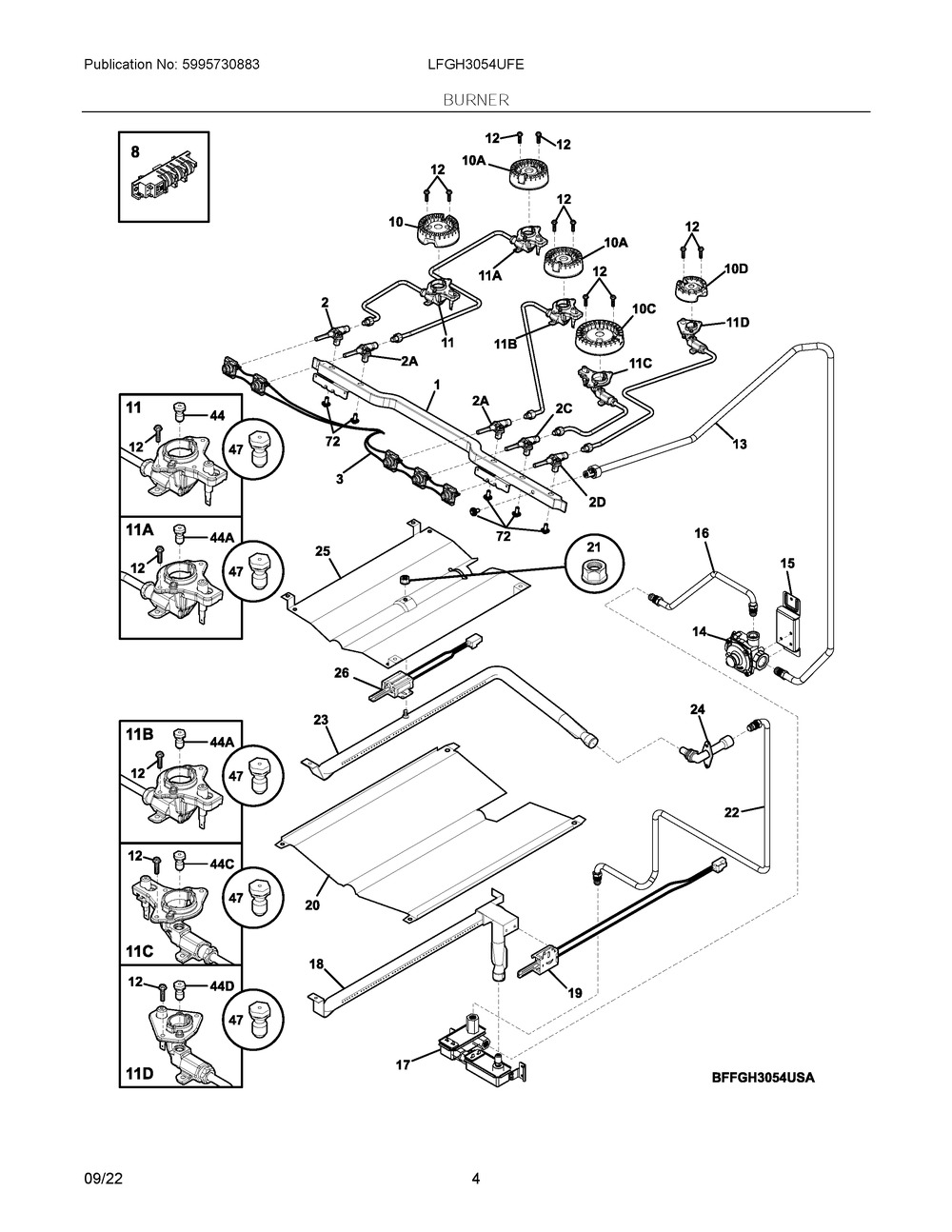 Burner Diagram and Parts List for LFGH3054UFE  Frigidaire Range