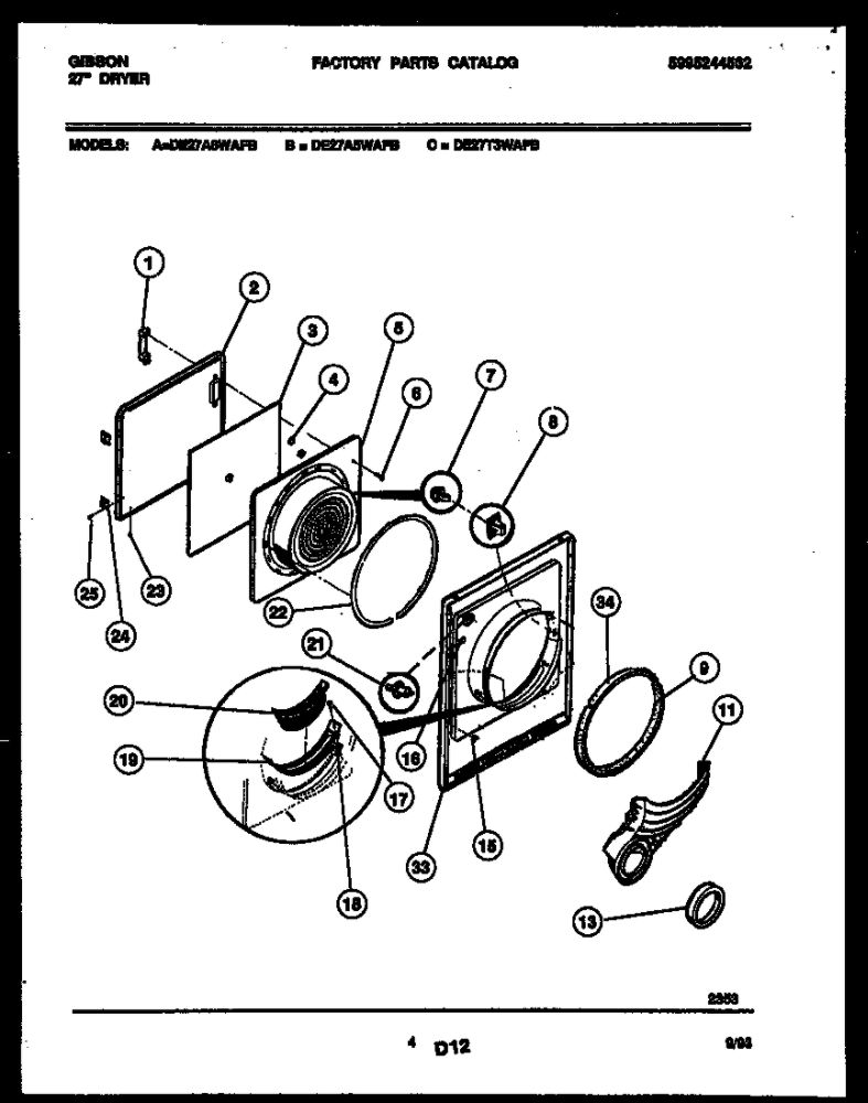 Door Parts Diagram and Parts List for DE27A5WAFB  Gibson Dryer