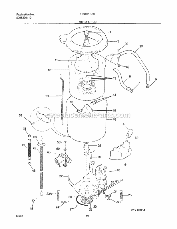 Motor / Tub Diagram and Parts List for FEX831CS0  Frigidaire Washer Dryer Combo