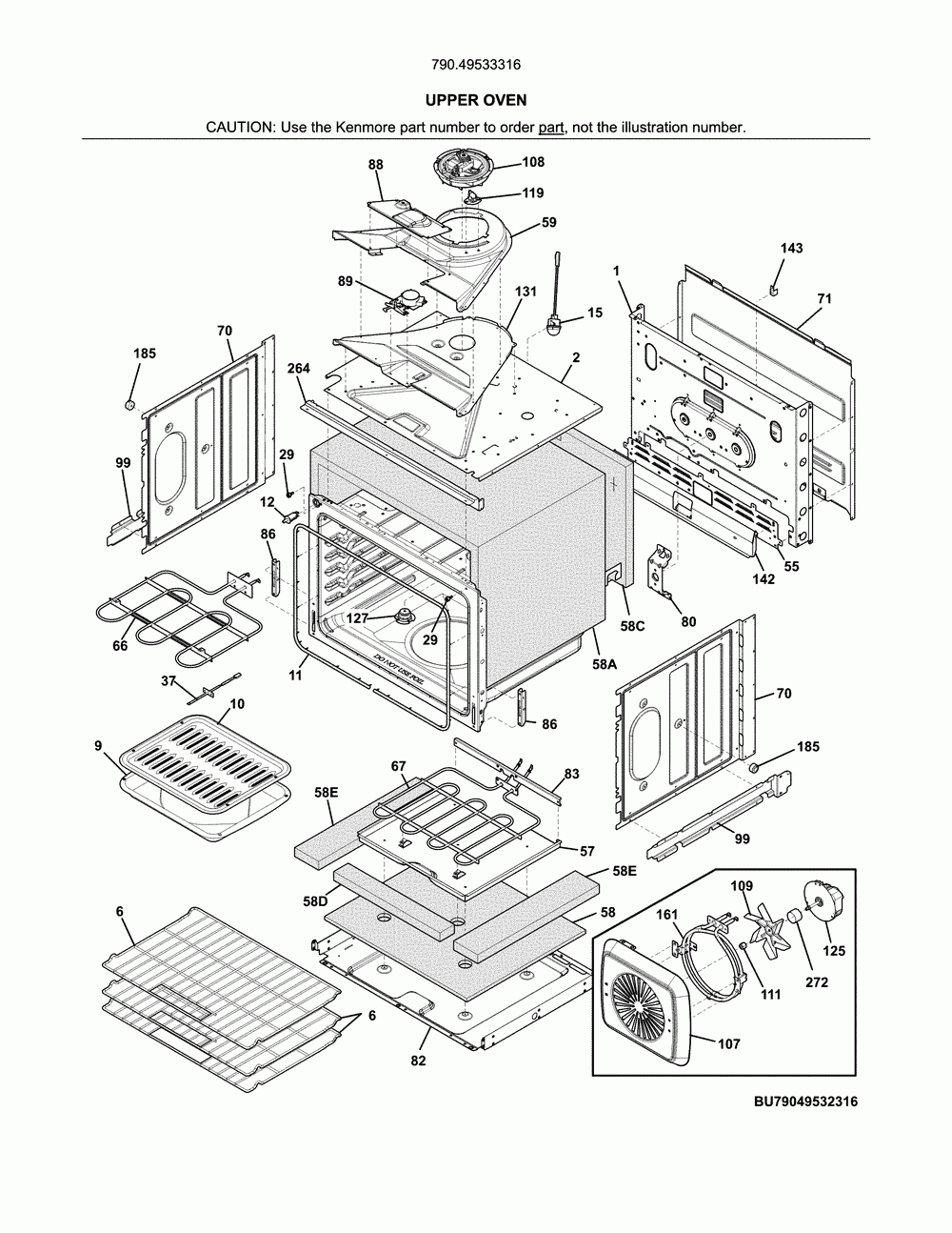 Upper oven Diagram and Parts List for 79049533316  Kenmore Wall Oven