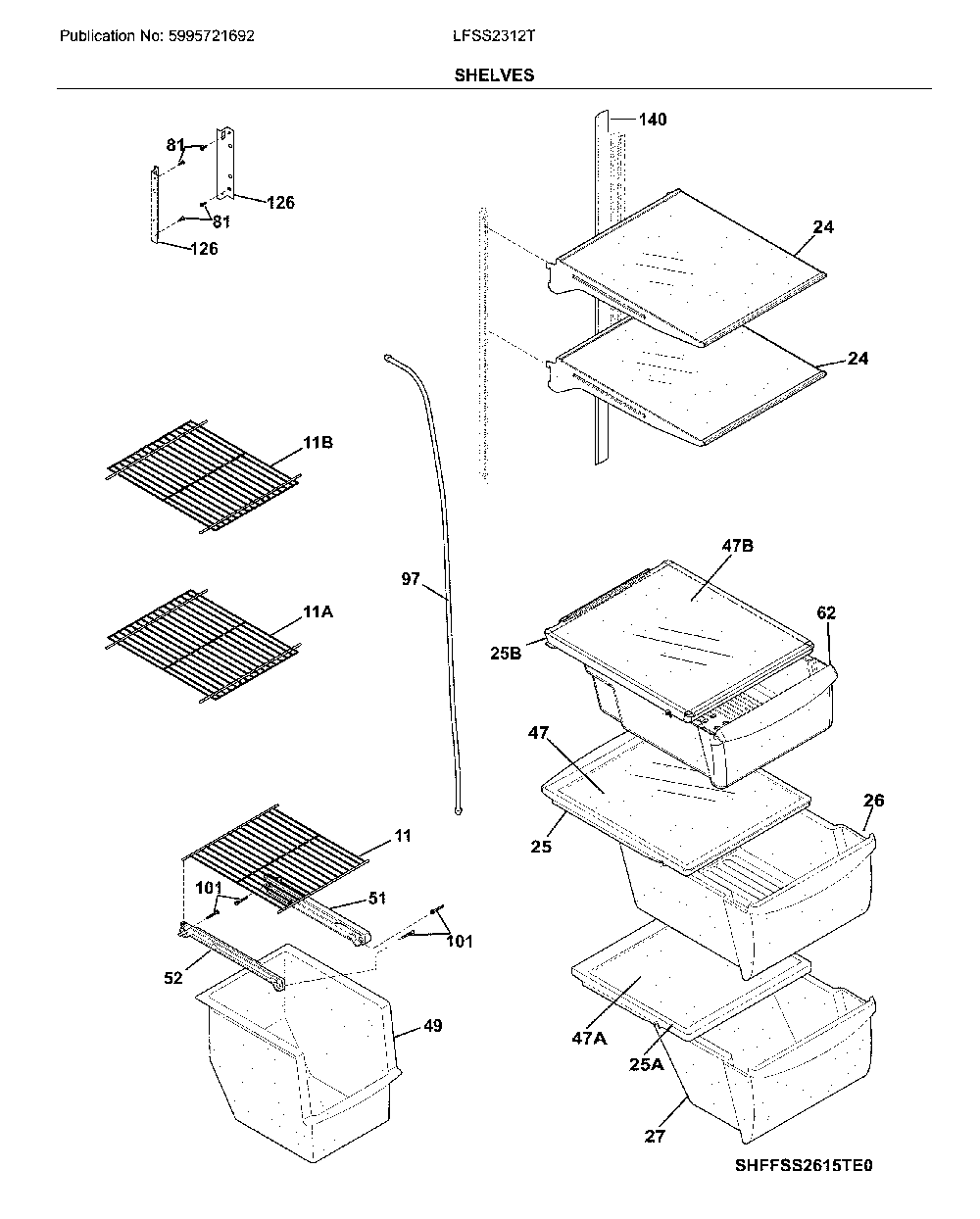 Shelves Diagram and Parts List for LFSS2312TP4  Frigidaire Refrigerator