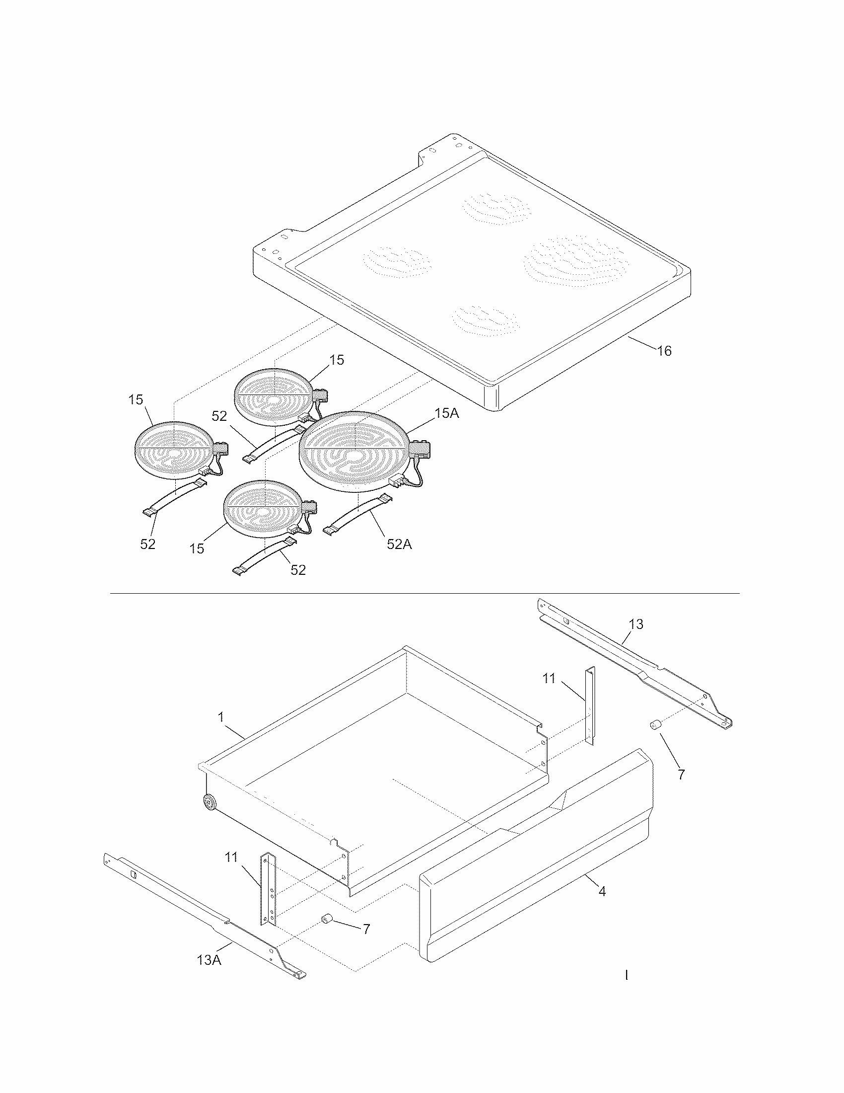 Top/drawer Diagram and Parts List for 79090152307  Kenmore Range