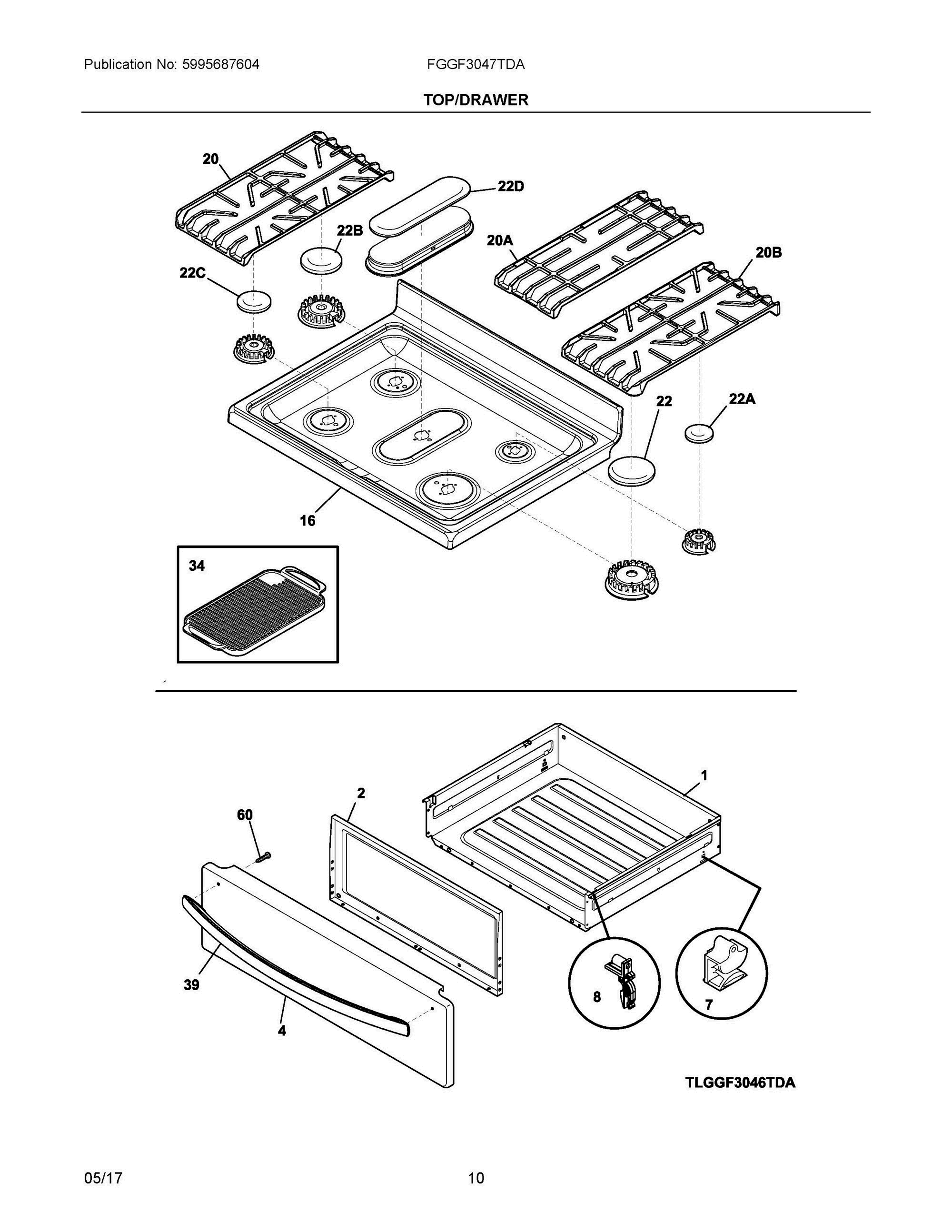 05 - TOP/DRAWER Diagram and Parts List for FGGF3047TDA  Frigidaire Range