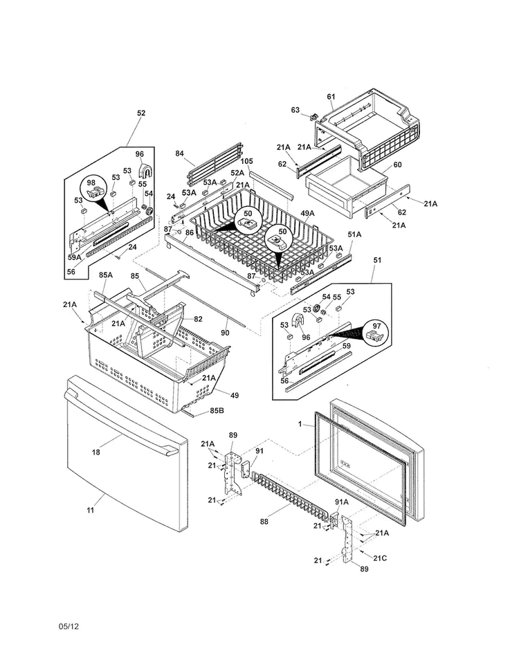 Freezer Drawer/baskets Diagram and Parts List for EW28BS85KS3  Electrolux Refrigerator