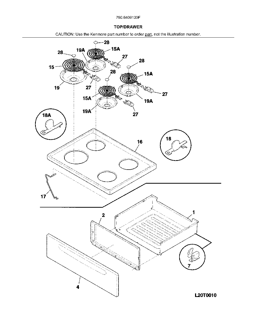 Top/drawer Diagram and Parts List for 7906409130F  Kenmore Range