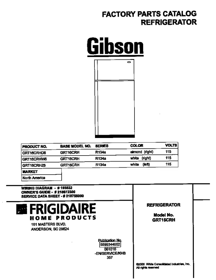 Cover Diagram and Parts List for GRT16CRHZ6  Gibson Refrigerator
