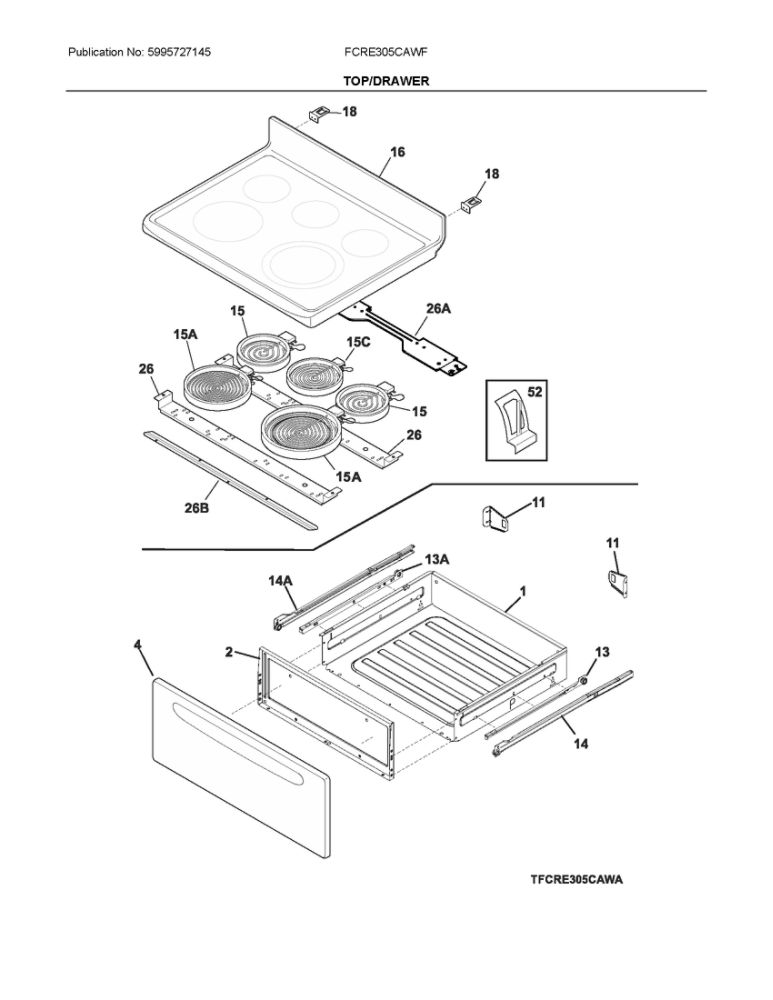Top/Drawer Diagram and Parts List for FCRE305CAWF  Frigidaire Range