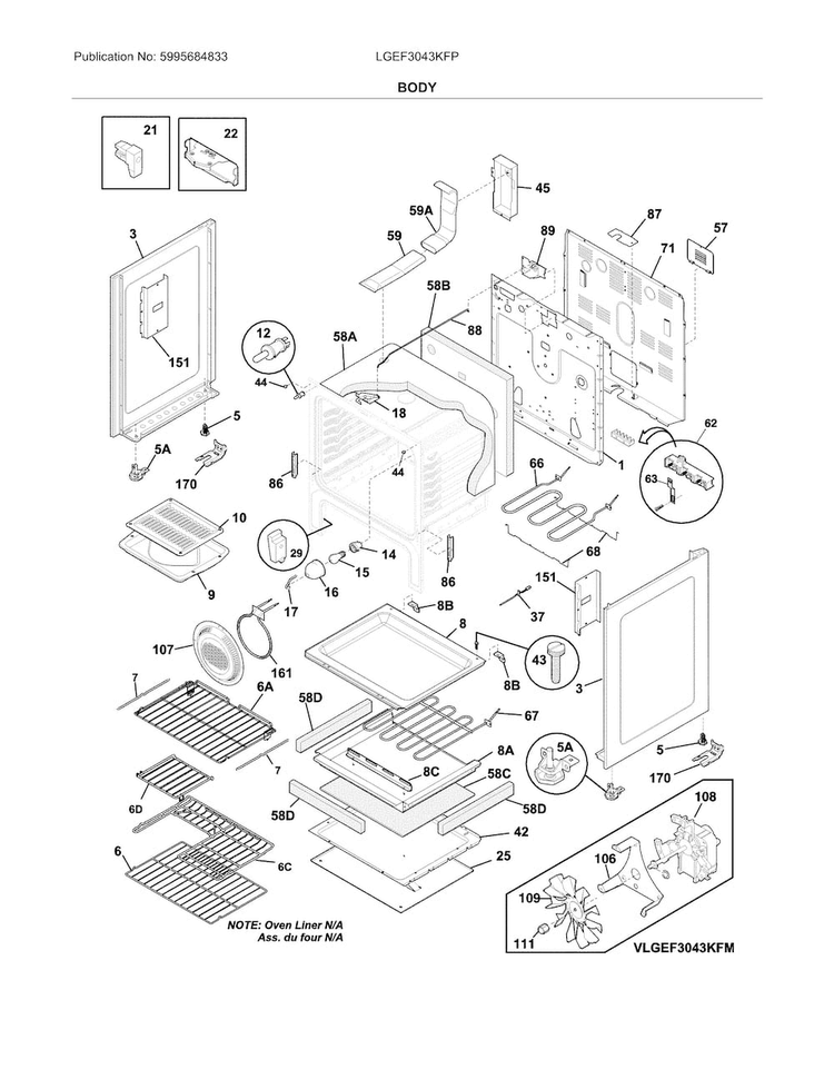 Body Diagram and Parts List for LGEF3043KFP  Frigidaire Range