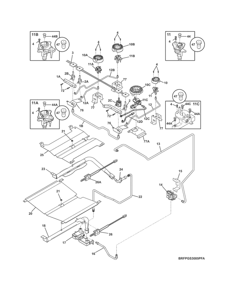 Burner Diagram and Parts List for FPGS3085PFB  Frigidaire Range