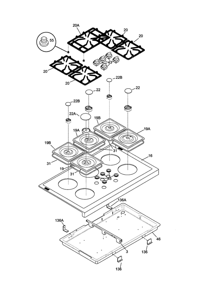 Top Diagram and Parts List for 74403  Frigidaire Range
