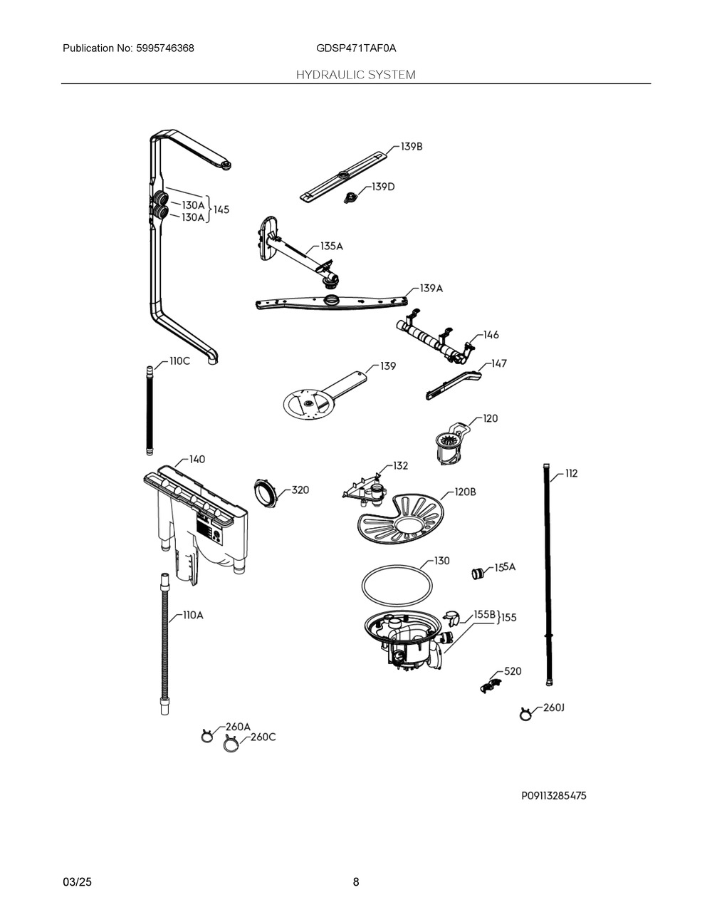 Hydraulic System Diagram and Parts List for GDSP471TAF0A  Frigidaire Dishwasher