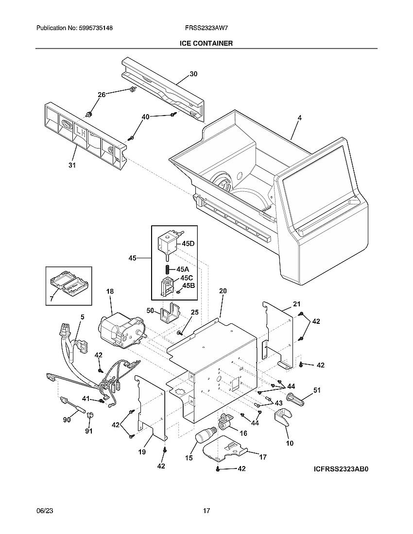 Ice Container Diagram and Parts List for FRSS2323AW7  Frigidaire Refrigerator