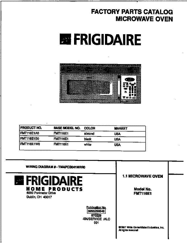 COVER Diagram and Parts List for FMT116E1B0  Frigidaire Microwave