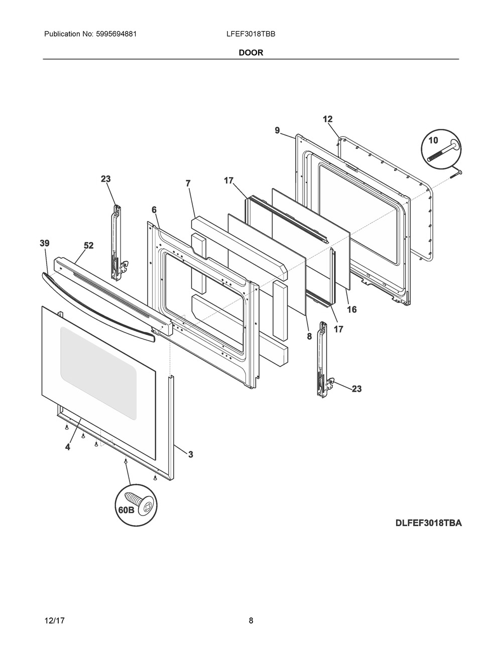 Door Diagram and Parts List for LFEF3018TBB  Frigidaire Range