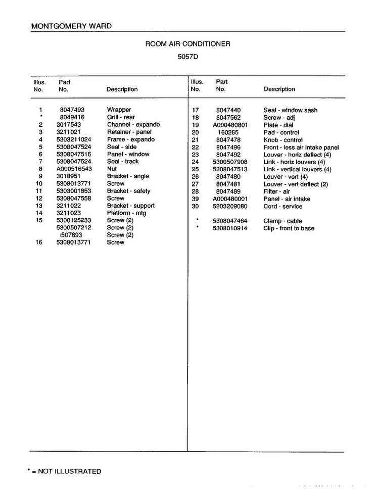 Room Air Conditioner Page 2 Diagram and Parts List for 5057D  Frigidaire Air Conditioner