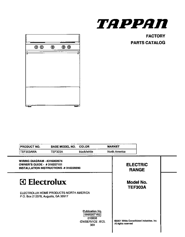 COVER Diagram and Parts List for TEF303AWA  Tappan Range