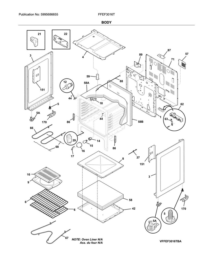 Body Diagram and Parts List for FFEF3016TBA  Frigidaire Range