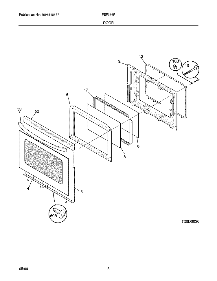 DOOR Diagram and Parts List for FEF336FME  Frigidaire Range