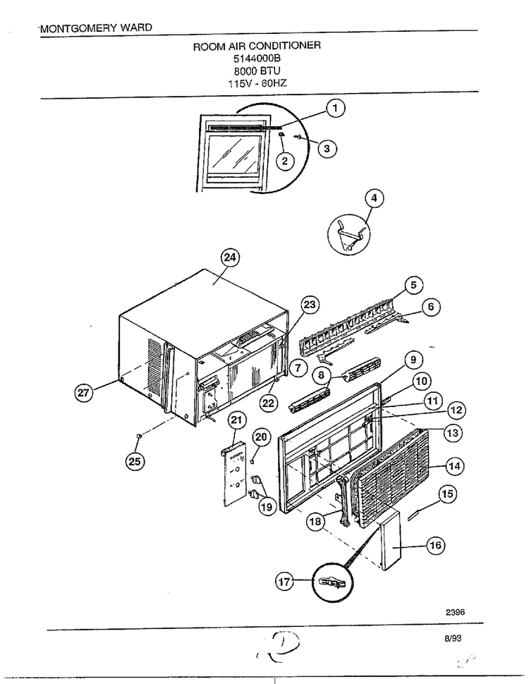 Room Air Conditioner Diagram and Parts List for 5144000B  Frigidaire Air Conditioner