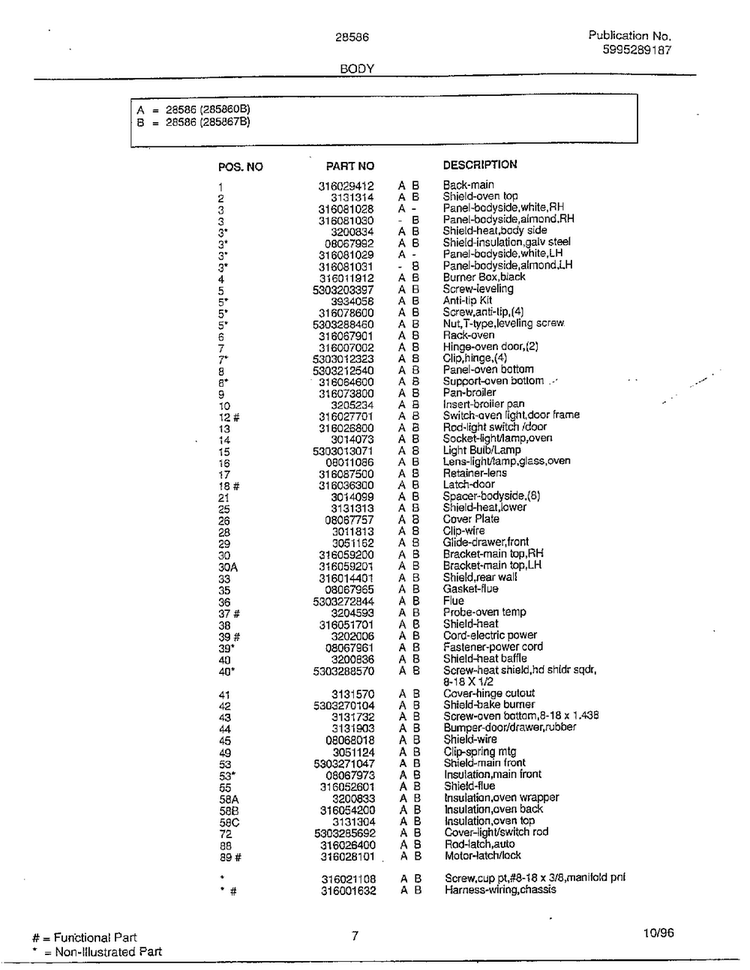 Body Page 2 Diagram and Parts List for 285860B  Frigidaire Range