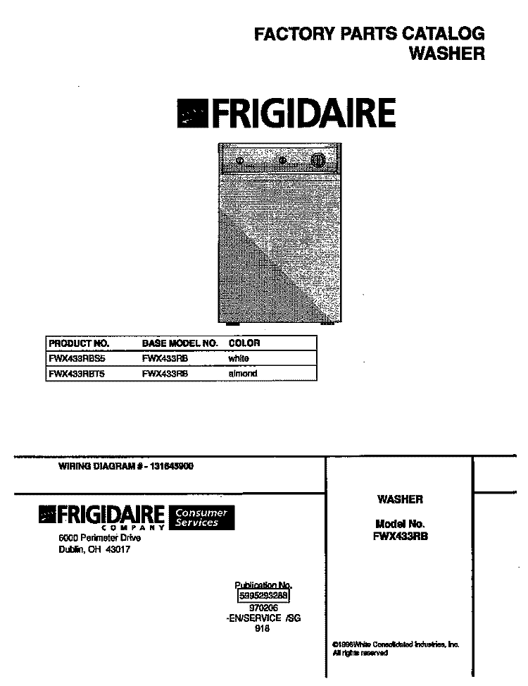 COVER Diagram and Parts List for FWX433RBS5  Frigidaire Washer