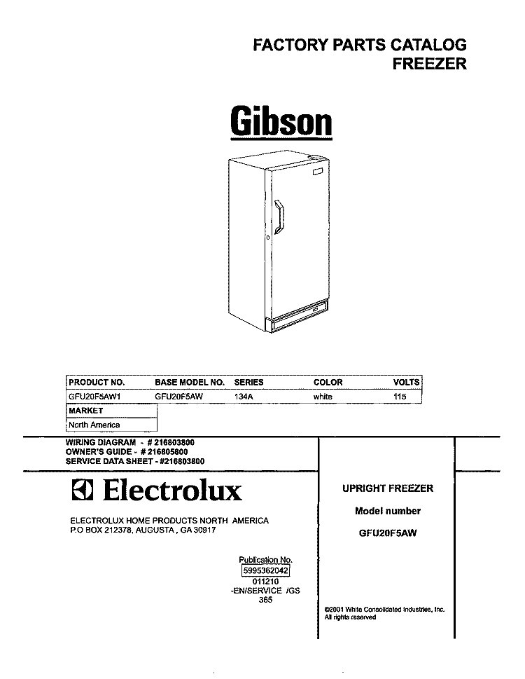 COVER Diagram and Parts List for GFU20F5AW1  Gibson Freezer