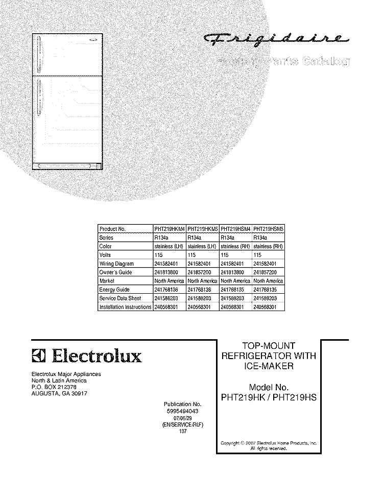 COVER Diagram and Parts List for PHT219HSM4  Frigidaire Refrigerator