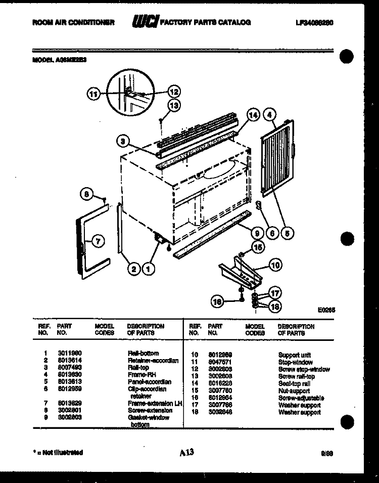 WINDOW MOUNTING PARTS Diagram and Parts List for A08ME2E3  Frigidaire Air Conditioner