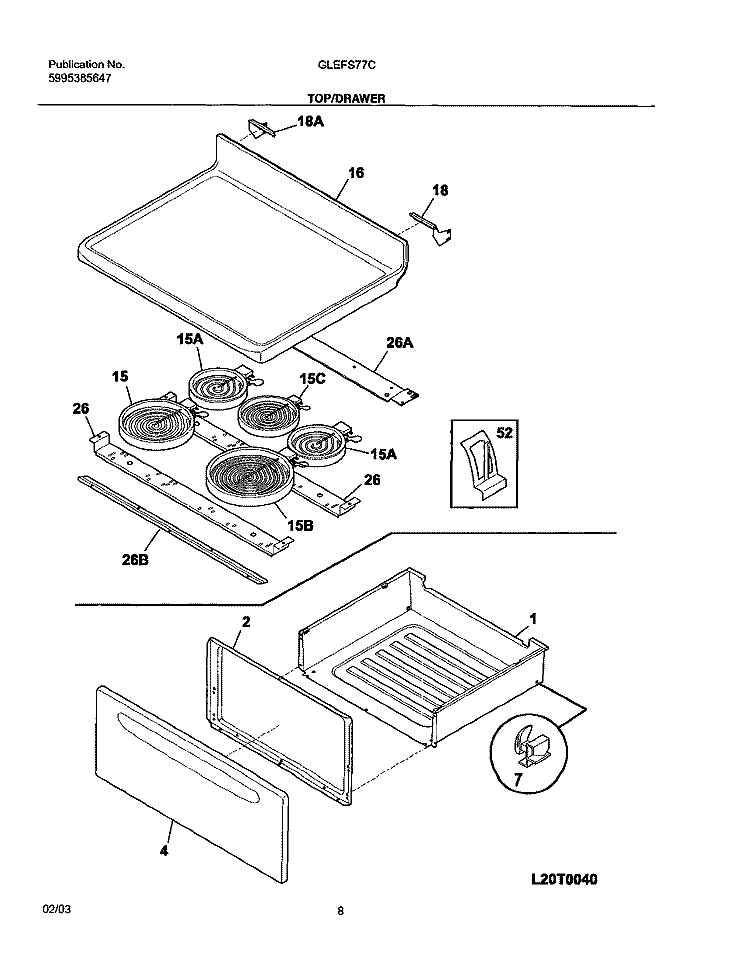 TOP / DRAWER Diagram and Parts List for GLEFS77CQA  Frigidaire Range