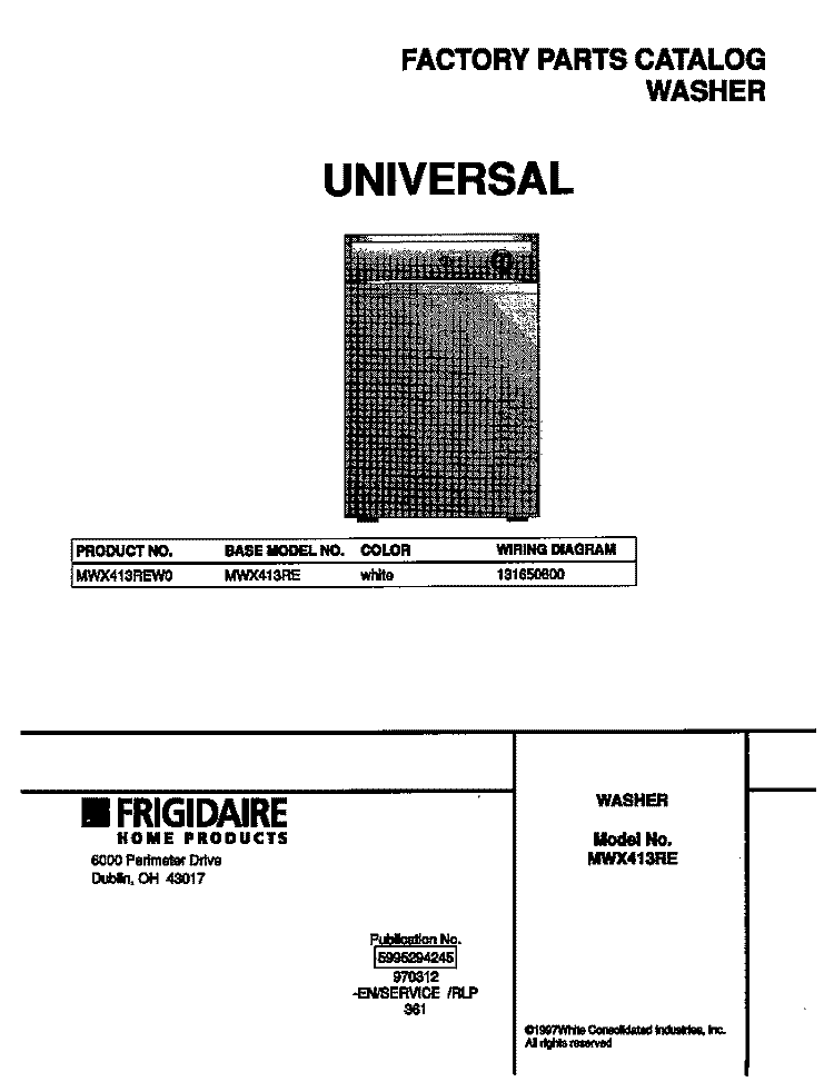 COVER Diagram and Parts List for MWX413REW0  Frigidaire Washer