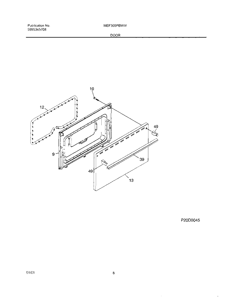 DOOR Diagram and Parts List for MEF305PBWM  Uni Range