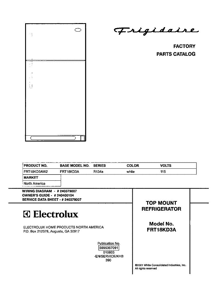 COVER Diagram and Parts List for FRT18KD3AW2  Frigidaire Refrigerator
