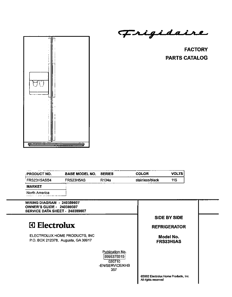 COVER Diagram and Parts List for FRS23H5ASB4  Frigidaire Refrigerator