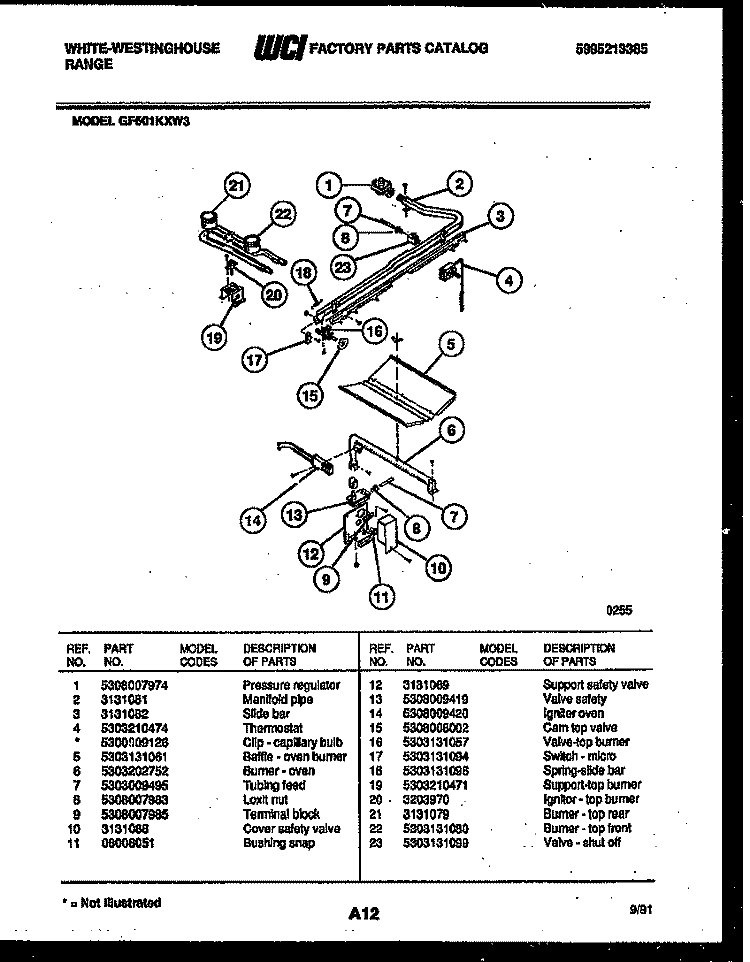 BURNER, MANIFOLD AND GAS CONTROL Diagram and Parts List for GF501KXD3  Frigidaire Range