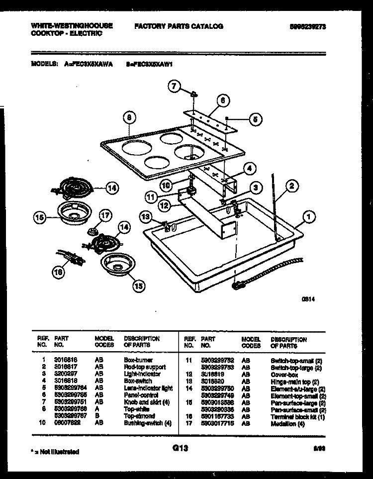 COOKTOP PARTS Diagram and Parts List for FEC3X5XAL1  Frigidaire Cooktop