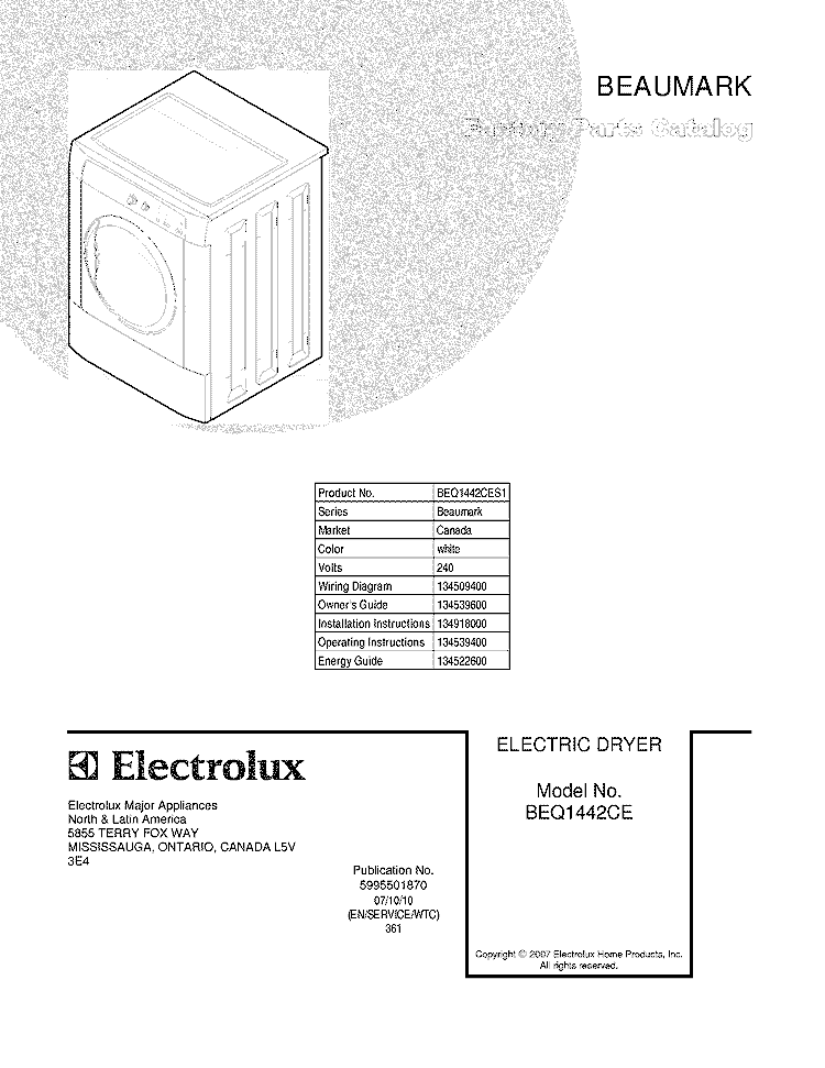 COVER Diagram and Parts List for BEQ1442CES1  Crosley Dryer