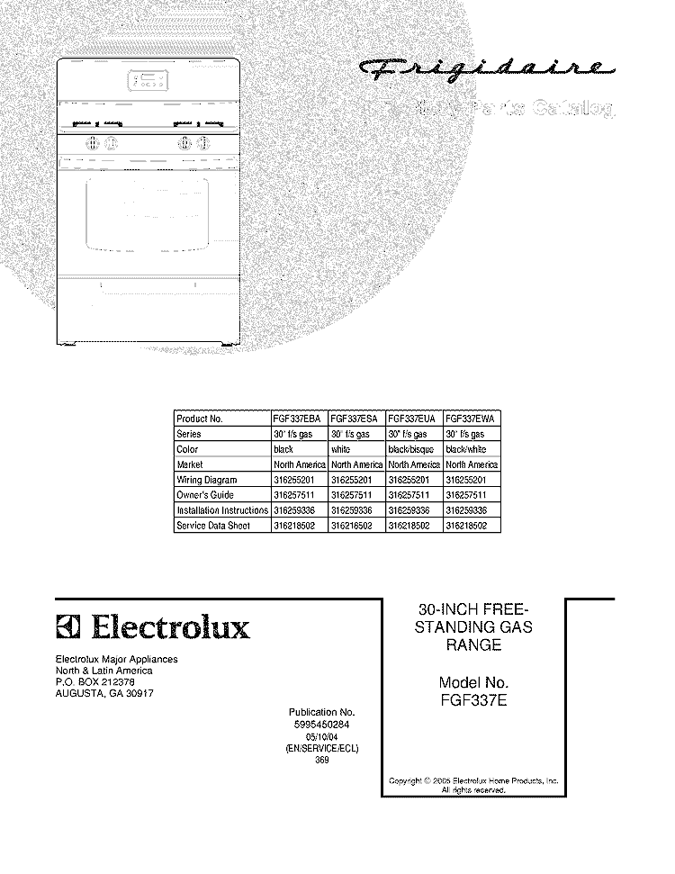 COVER Diagram and Parts List for FGF337EWA  Frigidaire Range